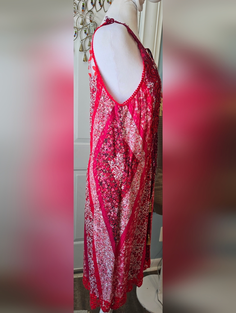 Elie Tahari Redwood McKenna Silk  Midi Dress Womens 8 Red Floral Boho Tassels - Picture 5 of 15